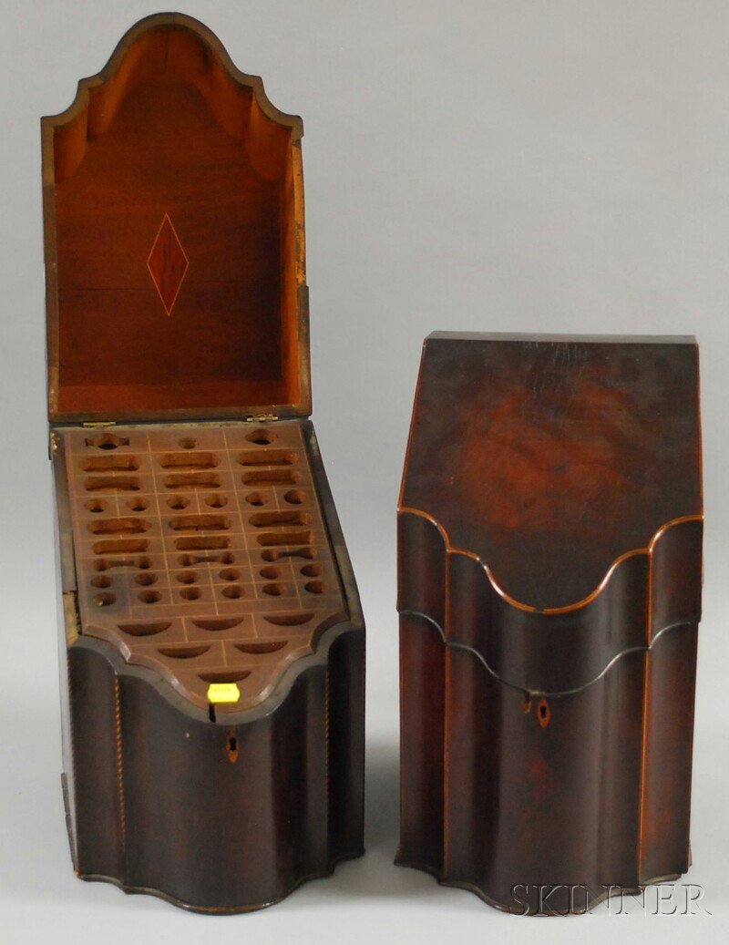 Two Similar Inlaid Mahogany Knife Boxes, England o: Two Similar Inlaid Mahogany Knife Boxes, England or America, early 19th century, with serpentine fronts, hinged sloped lids, the interiors with slotted grills, the interior and exterior with line and 