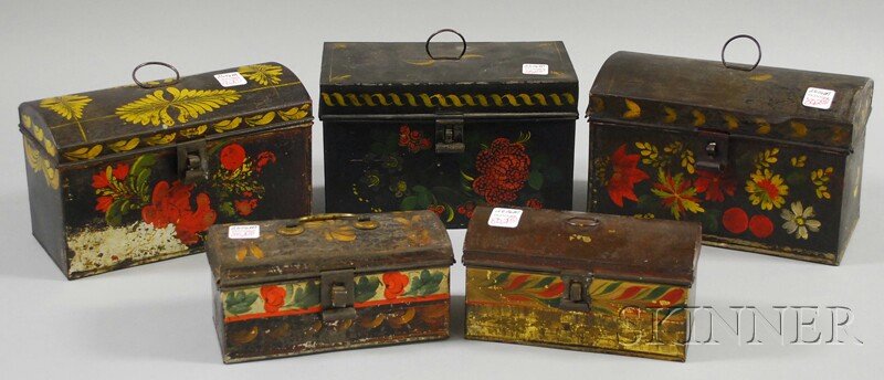 Five Painted and Polychrome-decorated Toleware Doc: Five Painted and Polychrome-decorated Toleware Document Boxes, 19th century, mostly dome-top, lg. 6 3/4 to 9 in.