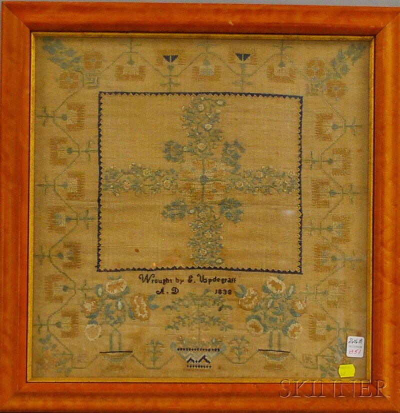 1838 E. Updegraff Needlework Sampler in Bird's-eye: 1838 E. Updegraff Needlework Sampler in Bird's-eye Maple Frame, sight size 17 3/4 x 17 1/4 in.