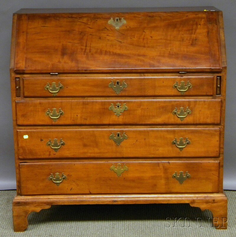 Chippendale Cherry Slant-lid Desk, ht. 39, wd. 40: Chippendale Cherry Slant-lid Desk, New England, late 18th/early 20th century, (refinished, top and side with dark stains and front edge patch, scratches, wear, imperfections, replaced hinges, and hard