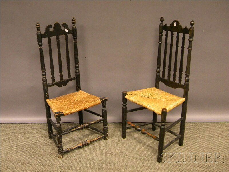 Two Black-painted Wood Bannister-back Side Chairs: Two Black-painted Wood Bannister-back Side Chairs with Woven Rush Seats, (ht. loss, scroll crest with leg joint reinforcement other with bannister break, and later paint added, no insect damage, not e
