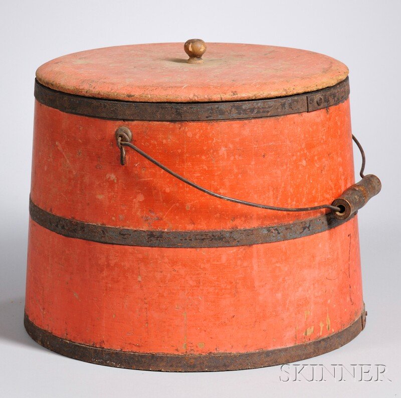 Red-painted Iron-bound Wood Stave Pail with Cover,: Red-painted Iron-bound Wood Stave Pail with Cover, swing handle, original paint, (good condition, cover faded and edge wear, scattered surface and paint wear or imperfections), ht. 9 3/4, base dia. 12