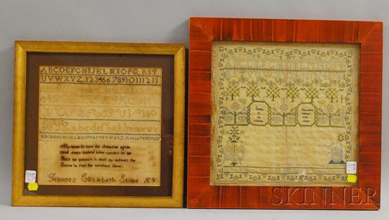 Two Framed 19th Century Needlework Samplers, a Fra: Two Framed 19th Century Needlework Samplers, a Frances Elizabeth Stone and an 1823 Sophia Williams, sight sizes 10 1/2 x 10 3/4 and 13 x 13 1/4 in., respectively.