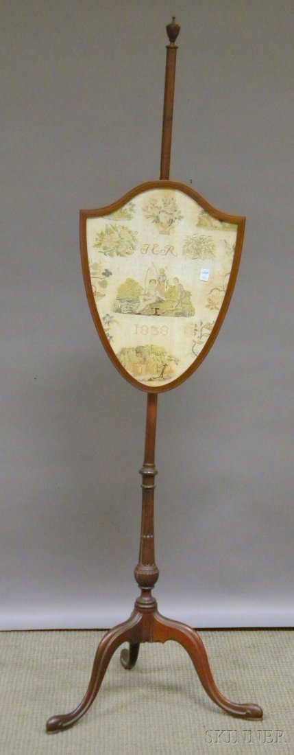 Inlaid Mahogany Shield-form Framed English 1838 Ne: Inlaid Mahogany Shield-form Framed English 1838 Needlework Panel and Mahogany Polescreen, panel with initials "JER," (reproduction pole).