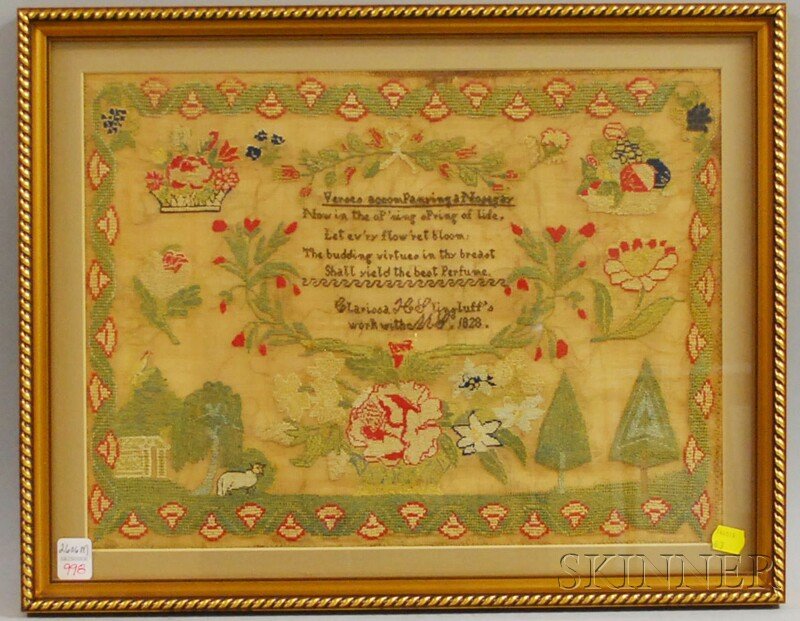 1828 Clarissa H. Slingluff Needlework Sampler, fra: 1828 Clarissa H. Slingluff Needlework Sampler, framed, sight size 12 1/4 x 16 1/2 in.