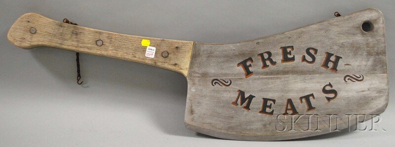 Painted Wood Cleaver-form "Fresh Meats" Trade Sig: Painted Wood Cleaver-form "Fresh Meats" Trade Sign, second half 20th century, inscribed on one side, (good condition, some finish wear and loss), lg. 38 in.