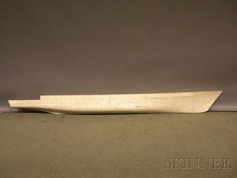Modern Drafting Illustrated White-painted Wood Ha: Modern Drafting Illustrated White-painted Wood Half-hull Model of a Ship, ht. 9 in., lg. 8 ft. 8 1/4 in., dp. 7 in.