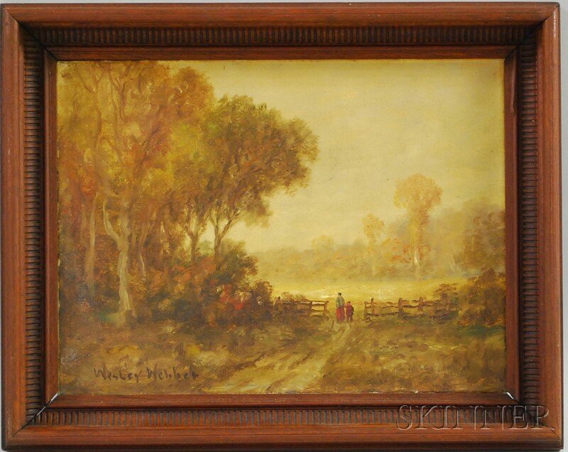 Wesley Elbridge Webber (American, 1841-1914) Autu: Wesley Elbridge Webber (American, 1841-1914) Autumnal Landscape with Figures at a Gate. Signed l.l. Oil on canvas, sight size 11 7/8 x 16 in., framed. Condition: Surface grime, blue ink mark to centra