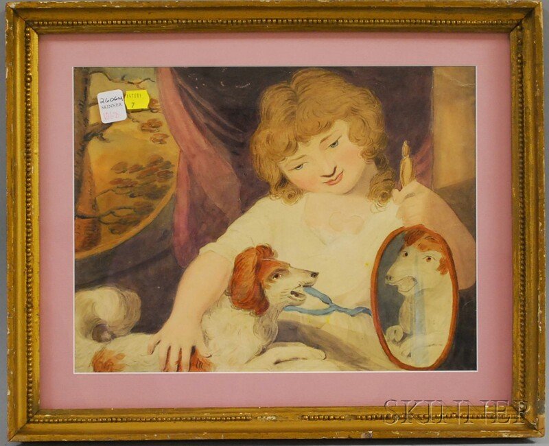19th Century English School Watercolor on Paper S: 19th Century English School Watercolor on Paper Scene with a Girl Playing with Her Dog and a Hand Mirror, unsigned, in a giltwood frame, sight size 10 1/2 x 14 in.