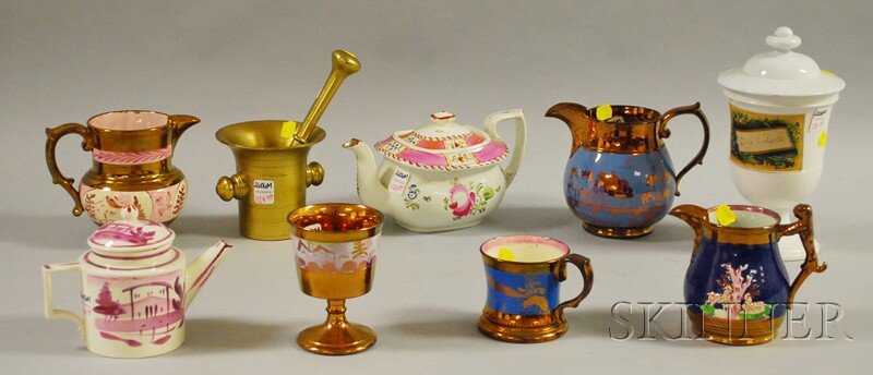 Seven Pieces of English Decorated Ceramics and a: Seven Pieces of English Decorated Ceramics and a Bronze Mortar and Pestle, a copper lustreware mug, goblet and three jugs, a pink lustre teapot, and a pearlware covered herb jar with paper label inscr