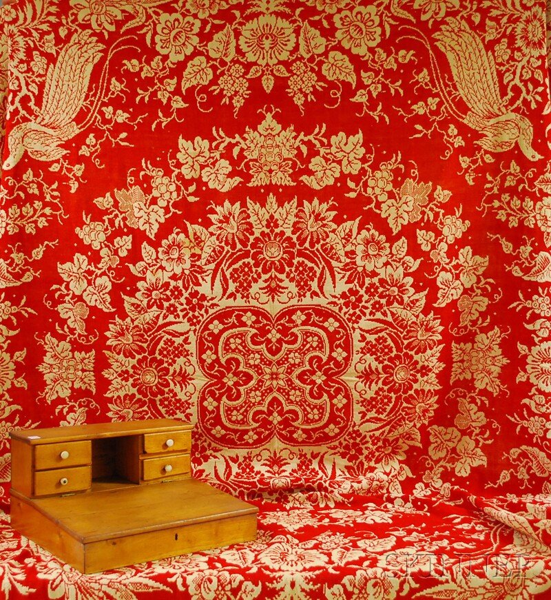 Pine Lap Desk Surmounted with a Four-drawer Cabin: Pine Lap Desk Surmounted with a Four-drawer Cabinet and an "1850" Dated Red and White Wool and Cotton Jacquard Woven Coverlet.