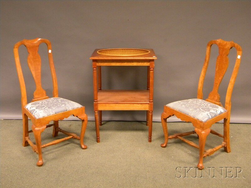Federal-style Cherry Washstand Fitted with an Ova: Federal-style Cherry Washstand Fitted with an Oval Nantucket Woven Basket and a Pair of Eldred Wheeler Queen Anne-style Tiger Maple Side Chairs, with upholstered slip seats.