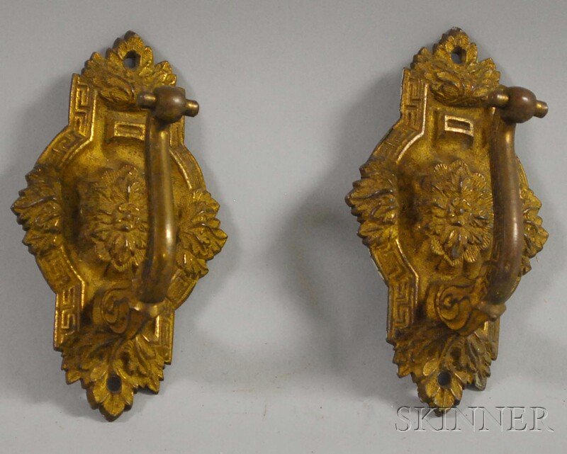 Pair of Classical Gilt Cast-brass Wall Hooks, 19t: Pair of Classical Gilt Cast-brass Wall Hooks, 19th century, lg. 5 1/4 in.