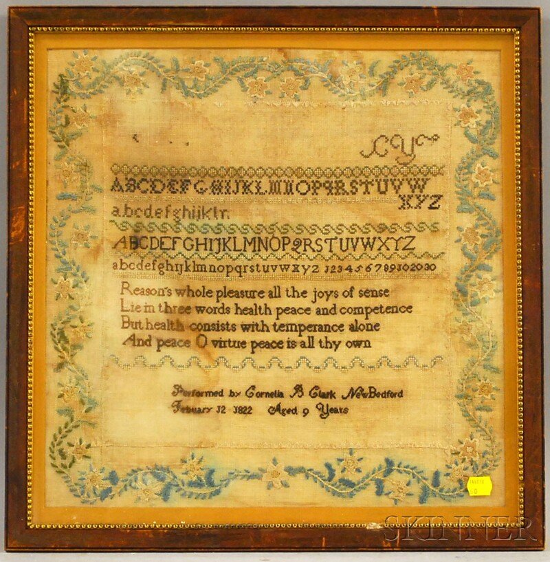 Framed 1822 Cornelia B. Clark Needlework Sampler,: Framed 1822 Cornelia B. Clark Needlework Sampler, New Bedford, Massachusetts, sight size 16 x 16 in.