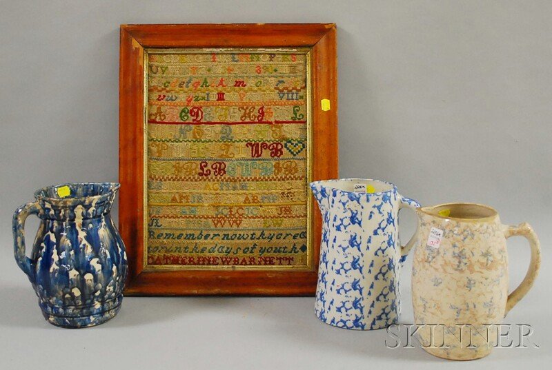Three Spongeware and Glazed Pottery Pitchers and: Three Spongeware and Glazed Pottery Pitchers and Framed Mid-19th Century Catherine W. Barnett Needlework Sampler, sampler sight size 15 1/4 x 11 1/2 in.