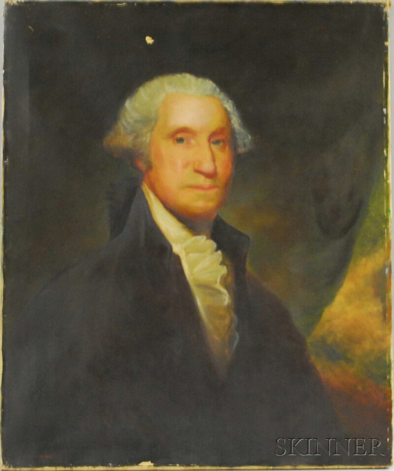After Gilbert Stuart (Late 19th/Early 20th Centur: After Gilbert Stuart (Late 19th/Early 20th Century) Portrait of George Washington. Inscribed "Gilbert Stuart" l.l. Oil on canvas, 30 1/2 x 25 1/4 in., unframed. Condition: Losses to background in uppe