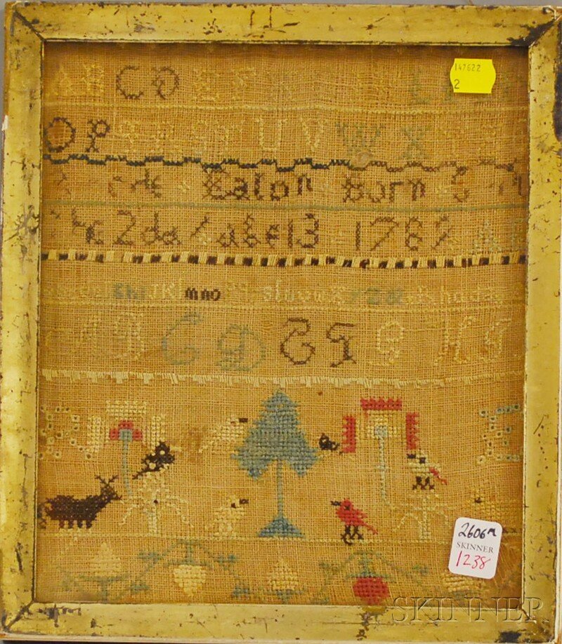 Framed Needlework Sampler, 18th/19th century, sig: Framed Needlework Sampler, 18th/19th century, sight size 10 1/2 x 9 1/8 in.