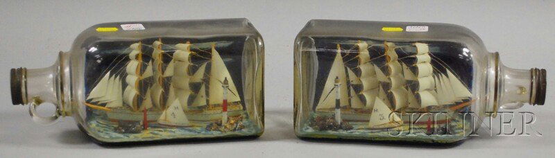 Pair of Folk Art Painted Wood Four-masted Sailing: Pair of Folk Art Painted Wood Four-masted Sailing Ships in Bottles, each ship named Glendale, bottle ht. 4 1/2, lg. 10 in.