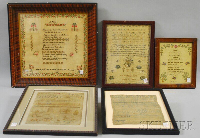 Five Framed 19th Century Needlework Samplers, inc: Five Framed 19th Century Needlework Samplers, including one by Ann Gudgeon, 1818, aged 11 years, a genealogy of the children of James and Sarah Smith, done by Hannah Smith, an a hymn "worked by Hannah