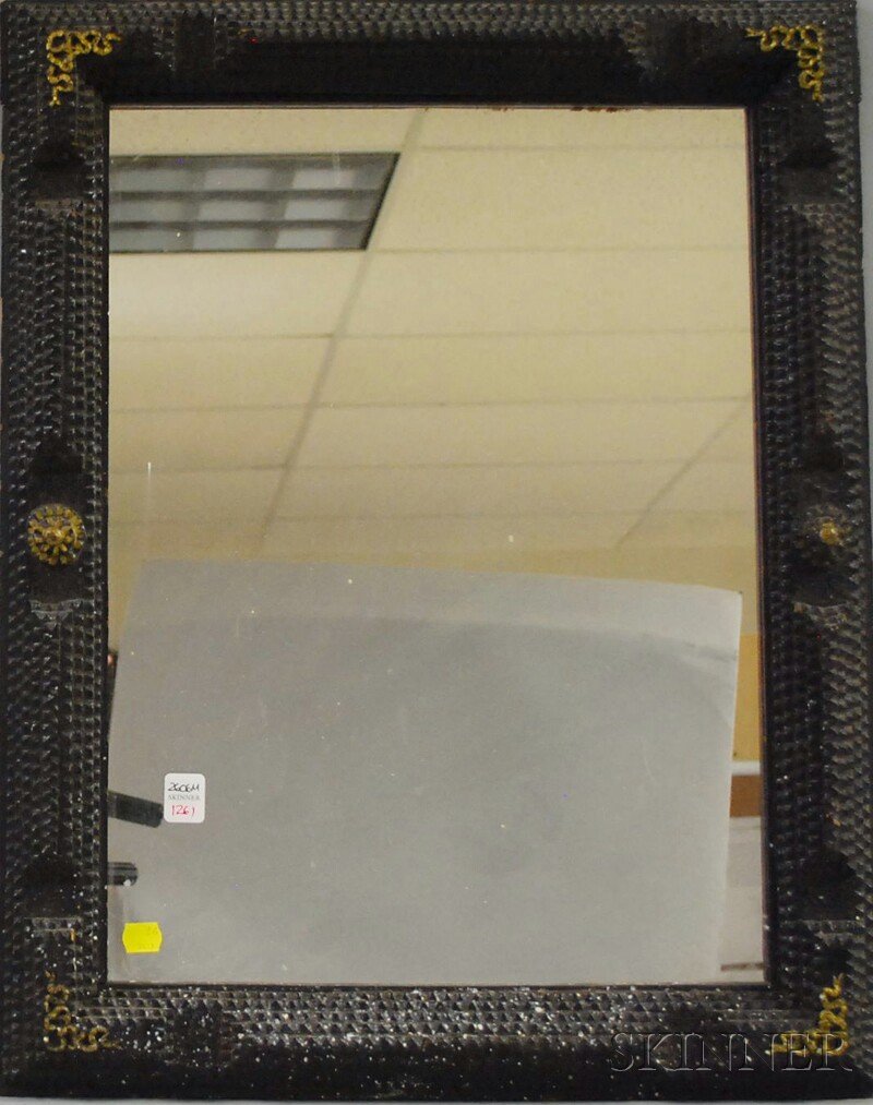 Tramp Art Notch-carved Black-painted and Gilt-dec: Tramp Art Notch-carved Black-painted and Gilt-decorated Mirror Frame, 24 1/2 x 19 1/2 in.