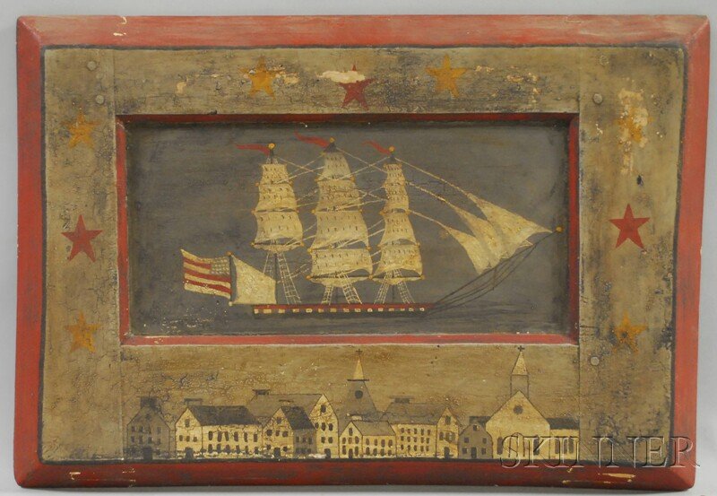 Folk Painted Ship-decorated Panel, the rectangula: Folk Painted Ship-decorated Panel, 20th century, the rectangular panel with central recessed portion painted with a three-masted sailing ship, the beveled-edge frame decorated to three sides with red