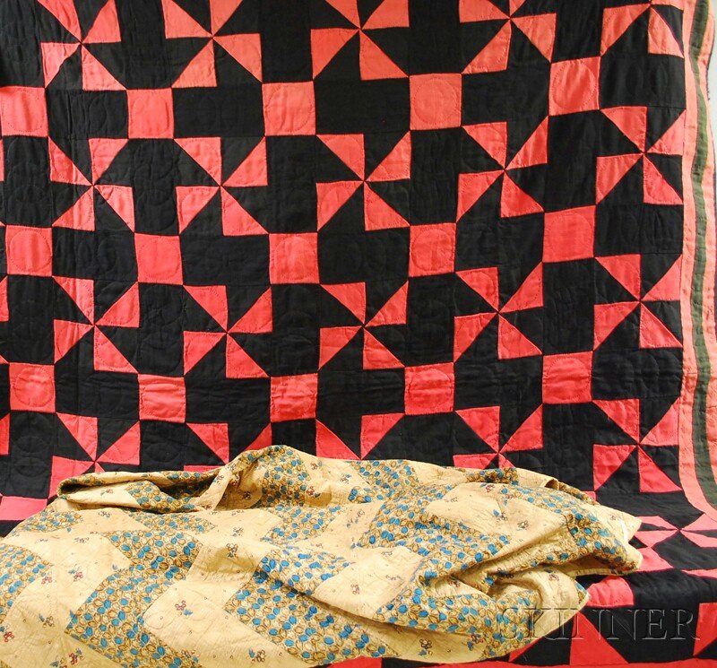 Bedspread and a Quilt, a hand-stitched pieced pri: Bedspread and a Quilt, a hand-stitched pieced printed cotton bedspread and an Amish-type hand-stitched wool and cotton pieced quilt, overall 104 1/2 x 100 and 80 3/4 x 78 in., respectively.
