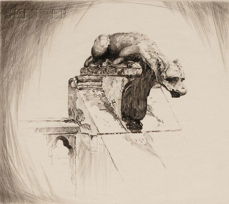 John Taylor Arms (American, 1887-1953) Through Wind and: John Taylor Arms (American, 1887-1953) Through Wind and Weather, alternatively titled Notre Dame Gargoyle, Through Wind and Weather, 1922, edition of 75 (Fletcher, 118). Signed "J