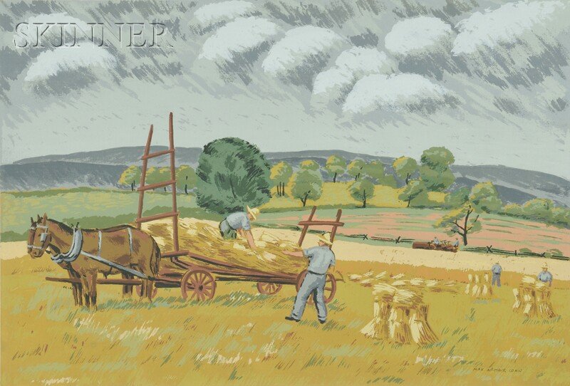 Max Arthur Cohn (American, 1903-1998) Harvesting. Signe: Max Arthur Cohn (American, 1903-1998) Harvesting. Signed within the matrix. Color screenprint on paper, image size 13 5/8 x 20 in. (34.5 x 50.8 cm), framed. Condition: Not examined out of frame.
