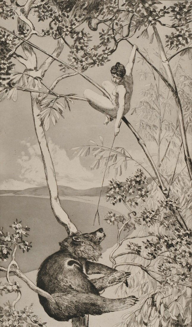 Max Klinger (German, 1857-1920) Bär Mit Elfe, plate I f: Max Klinger (German, 1857-1920) Bär Mit Elfe, plate I from INTERMEZZI, 1881 (Singer, 52). Identified within the plate. Etching with aquatint on chine collé, plate size 16 3/8 x 1
