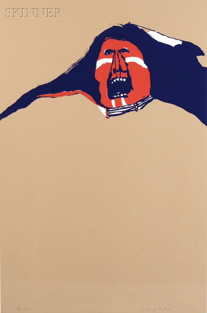 Fritz Scholder (American, 1937-2005) Red Indian, editio: Fritz Scholder (American, 1937-2005) Red Indian, edition of 100. Signed "Scholder" in pencil l.r., numbered "20-100" in pencil l.l. Color lithograph on paper, image/sheet size 33 1/2 x 22 1/8 in. (85.