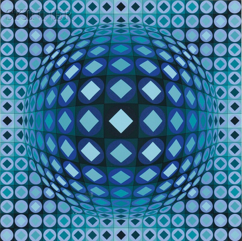 Victor Vasarely (Hungarian/French, 1906-1997) Untitled: Victor Vasarely (Hungarian/French, 1906-1997) Untitled (Blue Sphere), edition of 250. Signed "Vasarely-" in pencil l.r., numbered "231/250" in pencil l.l. Color screenprint on paper, image size 20 x 2
