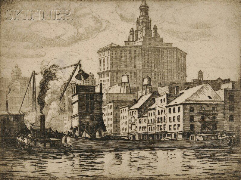 Everett Longley Warner (American, 1877-1963) Two Indust: Everett Longley Warner (American, 1877-1963) Two Industrial Views: Speeding Locomotive and Tug Working near the Shoreline. Both signed "Everett Warner imp" in pencil l.r. Etchings on p