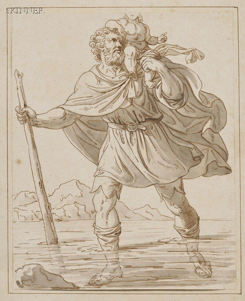 Austrian/German School, 18th Century St. Christopher Ca: Austrian/German School, 18th Century St. Christopher Carrying the Christ Child Unsigned, inscribed "F. Fuhrig" on the mat and on the secondary support. Ink and wash on laid paper, 10 1/2 x 8 in. (26.7