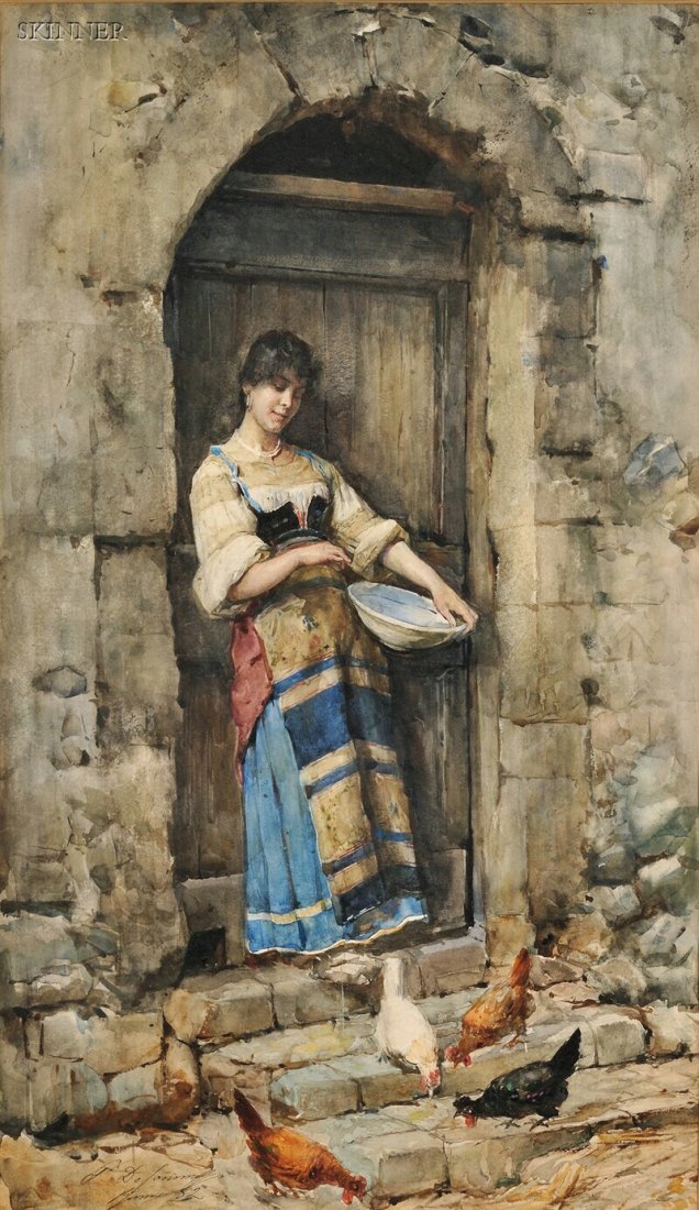 Publio Tommasi (Italian, 1849-1914) Feeding Poultry Sig: Publio Tommasi (Italian, 1849-1914) Feeding Poultry Signed, inscribed, and dated "P. De Tommasi/ Roma 82" l.l. Watercolor and graphite on paper, sight size 19 1/2 x 11 in. (49.5 x 27.9 cm), frame