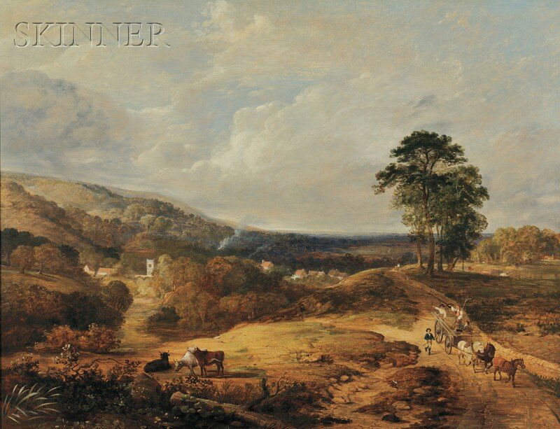 British School, 19th Century An Extensive Wooded Landsc: British School, 19th Century An Extensive Wooded Landscape with Haymakers in a Horse-Drawn Cart Unsigned, stenciled and inscribed "CP209...Lot 103 5-3-82" on the reverse. Oil on canvas, 28 x 3