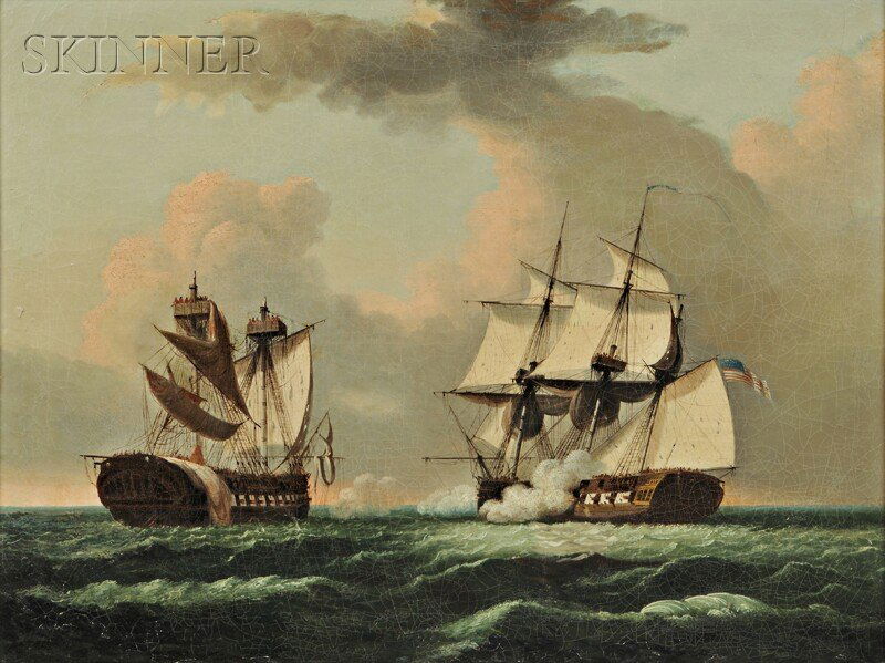 Thomas Birch (American, 1779-1851) The U.S. Frigate Uni: Thomas Birch (American, 1779-1851) The U.S. Frigate United States versus Macedonia in the War of 1812 Unsigned, inscribed "#5 D7713..." in crayon on the stretcher, identified