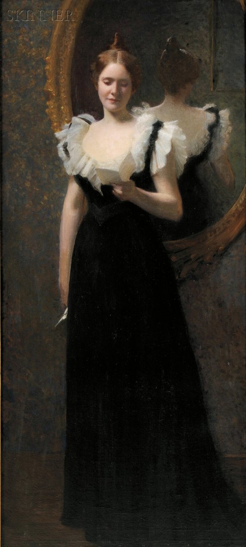 William Worcester Churchill (American, 1858-1926) Young: William Worcester Churchill (American, 1858-1926) Young Woman Reading a Letter Signed "...W. Churchill…" l.l., inscribed "Return to:/W.W. Churchill/23 Irving St./ Boston" on the reverse. Oil on canv