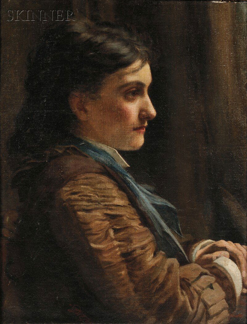 John Dickinson (British, 19th/20th Century) Portrait of: John Dickinson (British, 19th/20th Century) Portrait of a Woman in Profile Monogrammed and dated "JD 1876." l.l., inscribed "Dickinson/66 Sydney Street/London. S.W/1876" on the reverse. Oil on canvas,