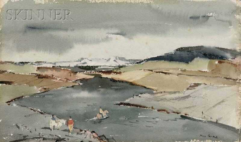 Paul Starrett Sample (American, 1896-1974), Fording the: Paul Starrett Sample (American, 1896-1974) Fording the Sela Signed "Paul Sample" l.r., titled on the reverse, and with a label from The Milch Galleries, New York, affixed to the reverse. Wa