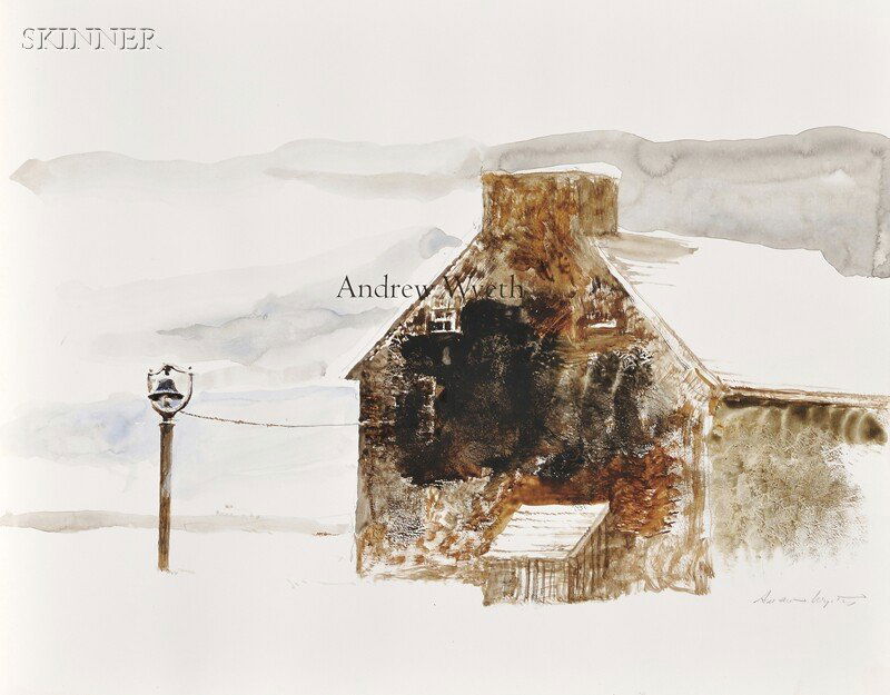 Andrew Newell Wyeth (American, 1917-2009) House in Wint: Andrew Newell Wyeth (American, 1917-2009) House in Winter Signed "Andrew Wyeth" in pencil l.r. Watercolor and graphite on paper, sheet size 13 x 16 1/2 in. (33.0 x 41.9 cm), bound on the title page of