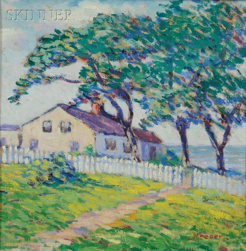 Lillian Burk Meeser (American, 1864-1942) Cape Ann Cott: Lillian Burk Meeser (American, 1864-1942) Cape Ann Cottage Signed "Meeser" l.r. Oil on paperboard, 10 x 10 in. (25.4 x 25.4 cm), framed. Condition: Slight bowing to support.