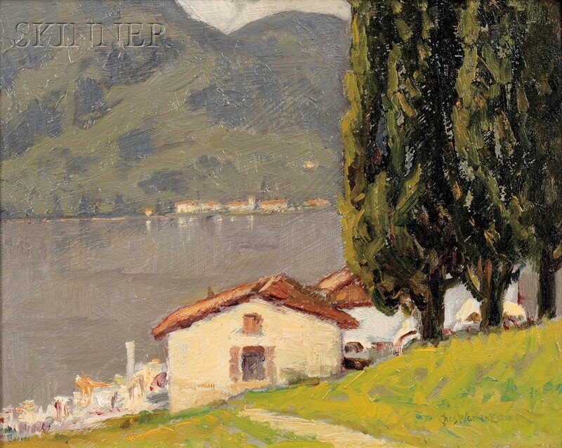 Charles Warren Eaton (American, 1857-1937) Lake Como Si: Charles Warren Eaton (American, 1857-1937) Lake Como Signed "Chas Warren Eaton." l.r., titled on the reverse. Oil on canvasboard, 8 1/4 x 10 in. (21.0 x 25.4 cm), framed. Condition: Minor