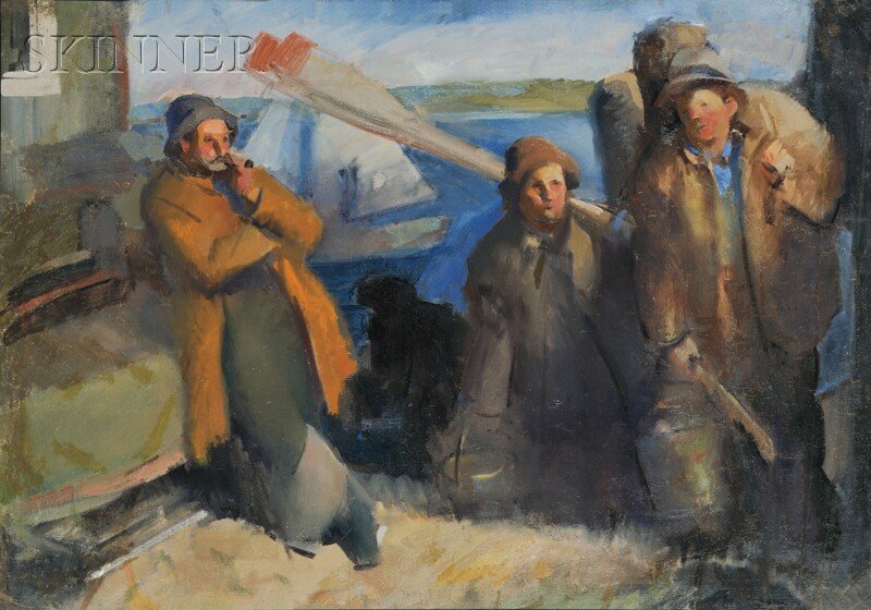 Edmund Franklin Ward (American, 1892-1991) Fishermen Wa: Edmund Franklin Ward (American, 1892-1991) Fishermen Walking Home Stamped "The estate of/EDMUND F. WARD" on the stretcher. Oil on canvas, 28 x 40 in. (71.0 x 101.5 cm), unframed. Condition: Retouch, o