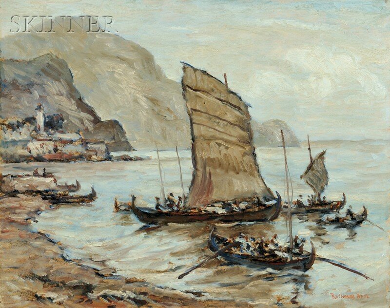 Reynolds Beal (American, 1866-1951) Cargo Boats, Fungha: Reynolds Beal (American, 1866-1951) Cargo Boats, Funghal, Madeira Signed "REYNOLDS BEAL" l.r., titled and inscribed "...FROM SKETCH MADE WHILE CRUISING ABORD [sic] TRAINING SHIP
