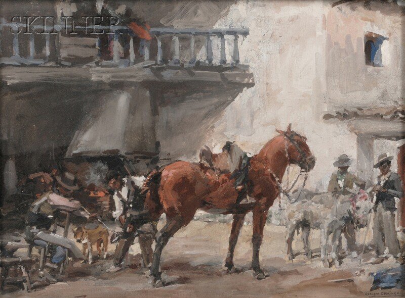 Roberto Domingo y Fallola (Spanish, 1883-1956) Horsesho: Roberto Domingo y Fallola (Spanish, 1883-1956) Horseshoeing Signed "ROBERTO DOMINGO" l.r. Gouache on paper/board, 10 1/2 x 14 3/4 in. (26.7 x 37.5 cm), framed. Condition: Laid down to Masonite pegboar