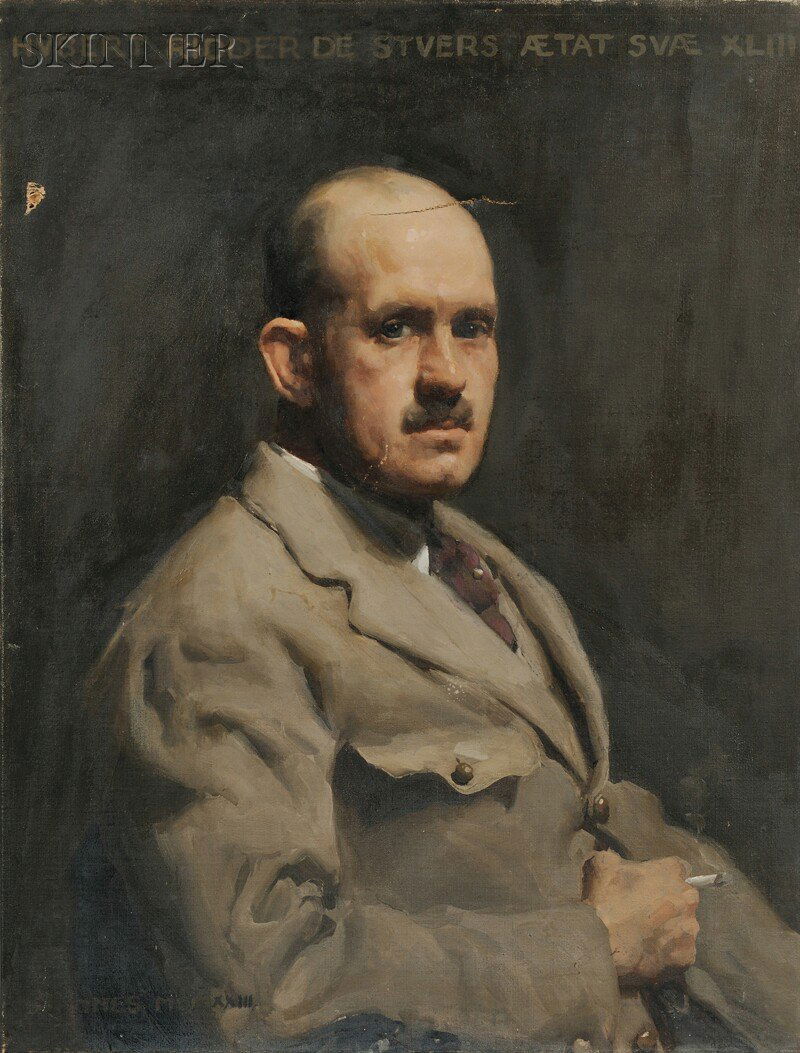 William Beckwith McInnes (Australian, 1889-1939) Hubert: William Beckwith McInnes (Australian, 1889-1939) Hubert Ridder de Stuers, Age 43 Signed and dated "...INNES MCMXXIII" l.l., inscribed "HUBERT RIDDER DE STUERS AETAT SUAE XLIII" u.c. Oil on