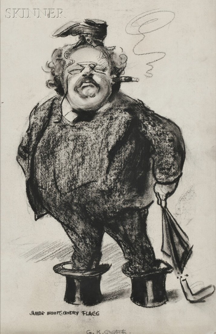 James Montgomery Flagg (American, 1877-1960) G.K. Chest: James Montgomery Flagg (American, 1877-1960) G.K. Chesterton, A Caricature Signed and titled "JAMES MONTGOMERY FLAGG..." l.l., identified on a label from Gerald Peters Gallery, New York, affix
