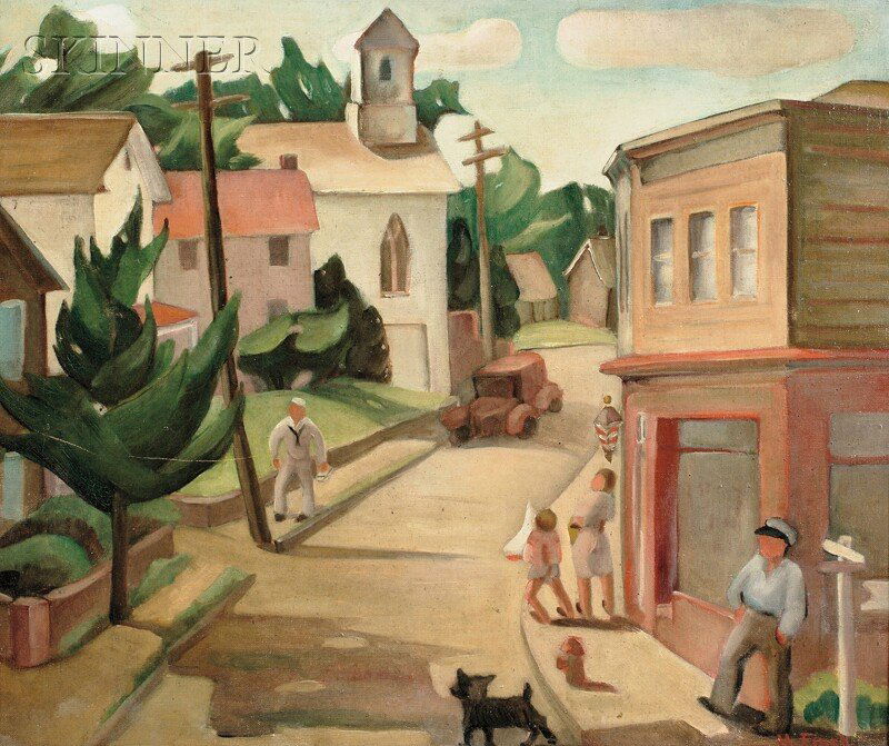 Hazel Finck (American, 1894-1977) Street, Port Jefferso: Hazel Finck (American, 1894-1977) Street, Port Jefferson, 1939 Signed "H. Finck" l.r., identified on the artist's label affixed to the stretcher. Oil on canvas, 20 x 24 in. (50.8 x 61.0 cm), f