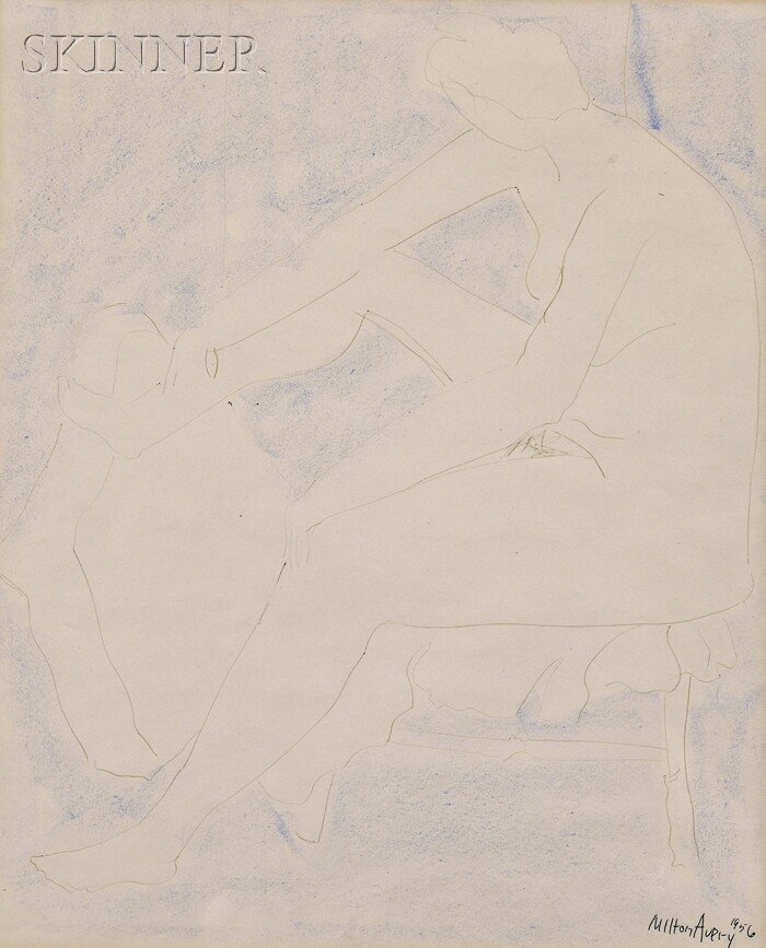 Milton Clark Avery (American, 1885-1965) Nude with Rais: Milton Clark Avery (American, 1885-1965) Nude with Raised Foot Signed and dated "Milton Avery 1956" in pen l.r., identified on a label from Grace Borgenicht Gallery, New York, affixed to the b
