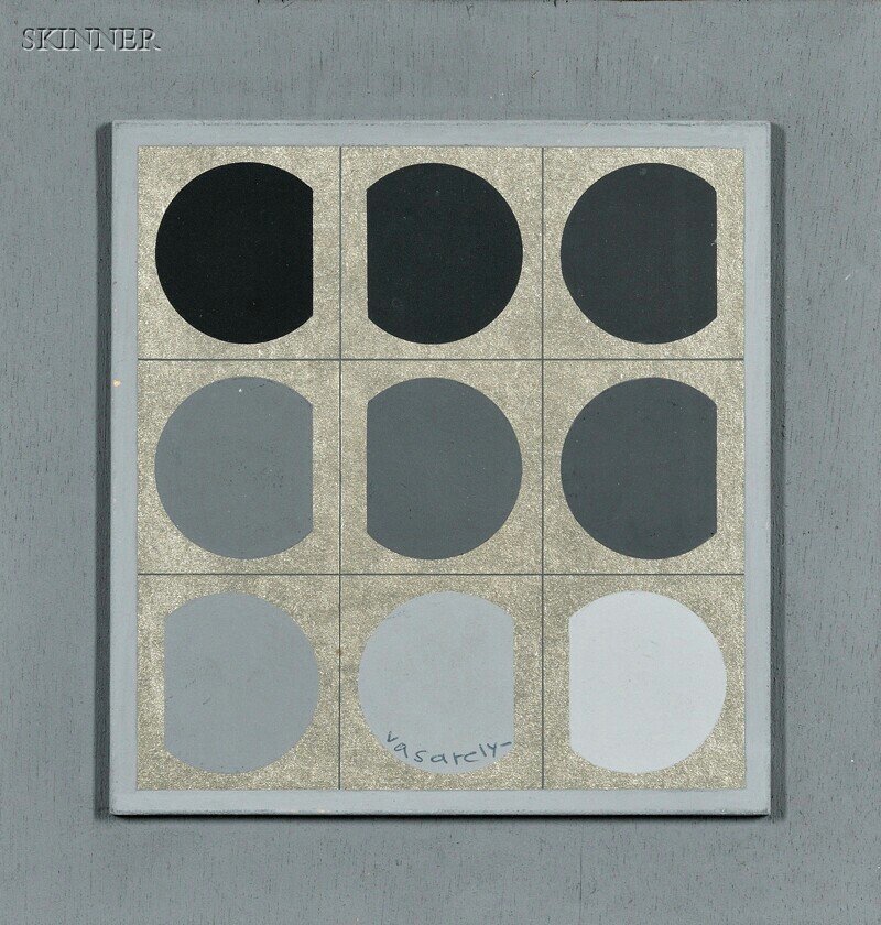 Victor Vasarely (Hungarian/French, 1906-1997) Ezus, 196: Victor Vasarely (Hungarian/French, 1906-1997) Ezus, 1965 Signed "vasarely-" l.c., titled, dated, inscribed, and signed "...1965...Vasarely" in pen in the artist's hand on the reverse, identifi